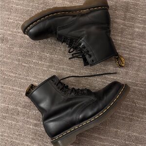Dr. Martens Black Leather 8-Eye Boots with Yellow Stitching